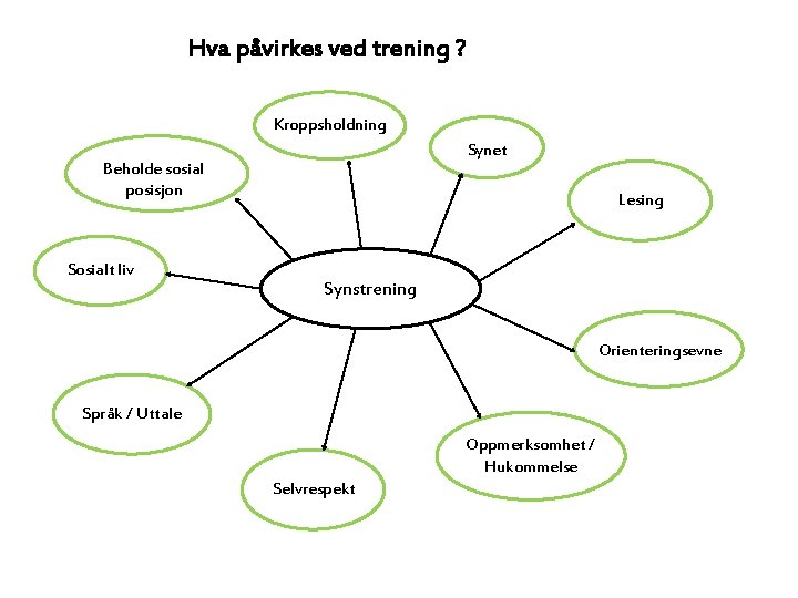 Hva påvirkes ved trening ? Kroppsholdning Synet Beholde sosial posisjon Sosialt liv Lesing Synstrening