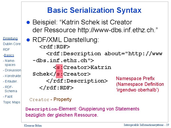 Basic Serialization Syntax Beispiel: “Katrin Schek ist Creator der Ressource http: //www-dbs. inf. ethz.