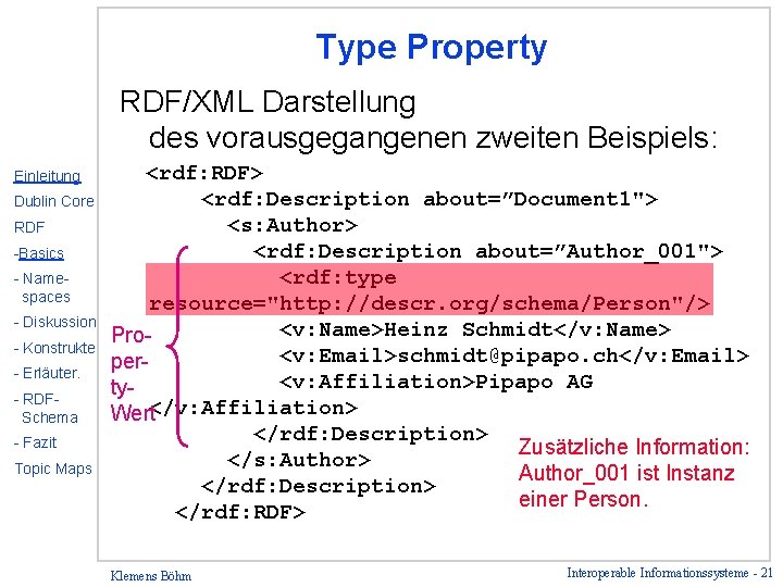 Type Property RDF/XML Darstellung des vorausgegangenen zweiten Beispiels: Einleitung Dublin Core RDF -Basics -