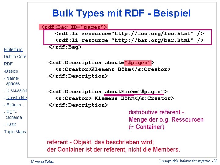 Bulk Types mit RDF - Beispiel Einleitung <rdf: Bag ID="pages"> <rdf: li resource="http: //foo.