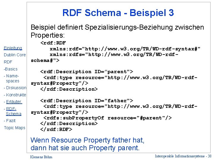 RDF Schema - Beispiel 3 Beispiel definiert Spezialisierungs-Beziehung zwischen Properties: Einleitung Dublin Core RDF