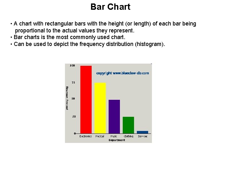 Bar Chart • A chart with rectangular bars with the height (or length) of