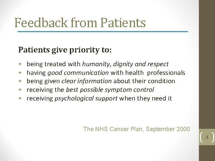 Feedback from Patients give priority to: • • • being treated with humanity, dignity