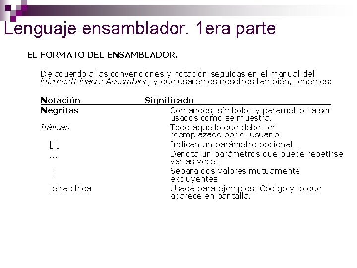 Lenguaje ensamblador. 1 era parte EL FORMATO DEL ENSAMBLADOR. De acuerdo a las convenciones