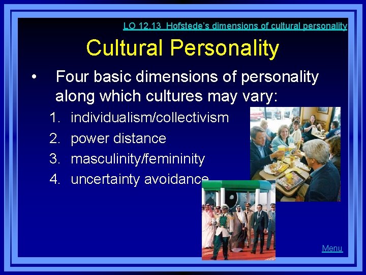 LO 12. 13 Hofstede’s dimensions of cultural personality Cultural Personality • Four basic dimensions