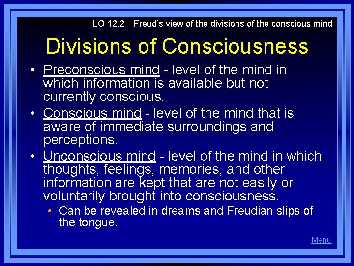 LO 12. 2 Freud’s view of the divisions of the conscious mind Divisions of