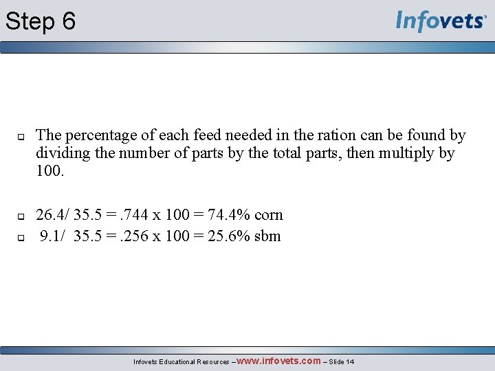 Step 6 The percentage of each feed needed in the ration can be found