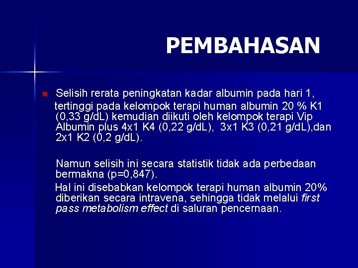 PEMBAHASAN Selisih rerata peningkatan kadar albumin pada hari 1, tertinggi pada kelompok terapi human