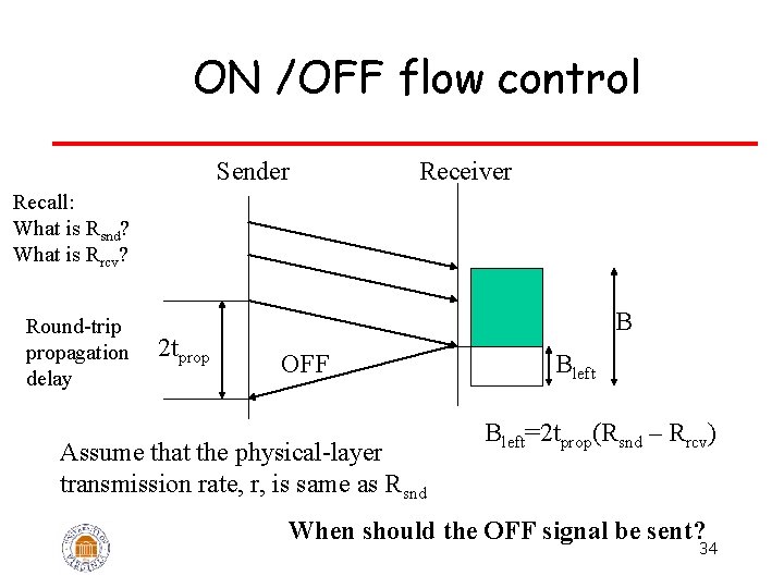 ON /OFF flow control Sender Receiver Recall: What is Rsnd? What is Rrcv? Round-trip
