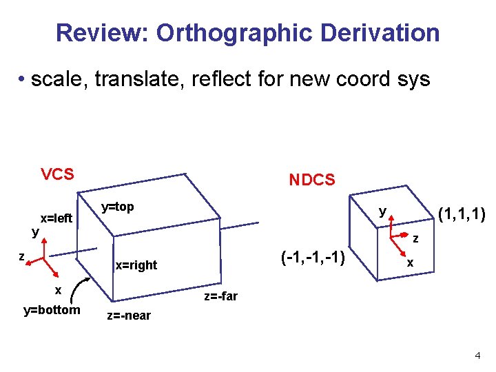 Review: Orthographic Derivation • scale, translate, reflect for new coord sys VCS y x=left