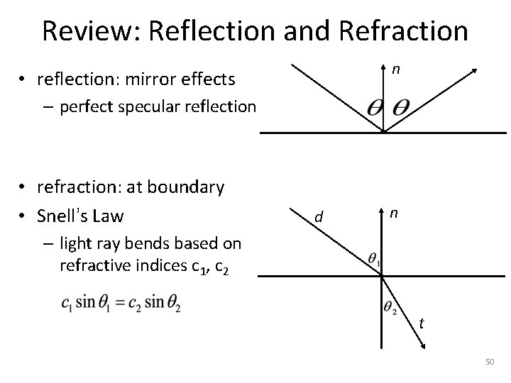 Review: Reflection and Refraction n • reflection: mirror effects – perfect specular reflection •