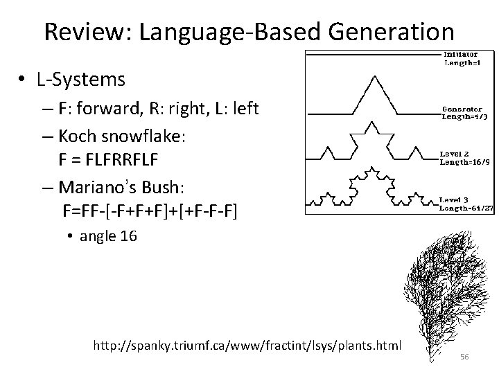 Review: Language-Based Generation • L-Systems – F: forward, R: right, L: left – Koch