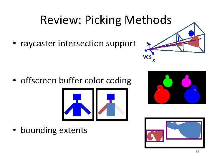 Review: Picking Methods • raycaster intersection support y VCS x • offscreen buffer color