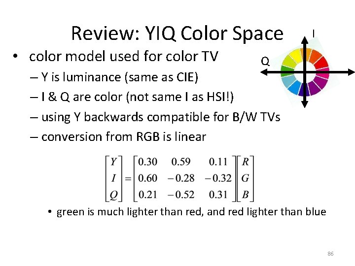 Review: YIQ Color Space • color model used for color TV I Q –