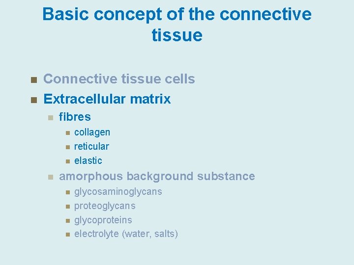 Basic concept of the connective tissue n n Connective tissue cells Extracellular matrix n