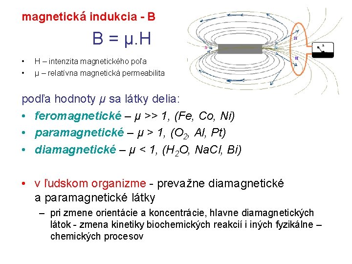 magnetická indukcia - B B = μ. H • • H – intenzita magnetického