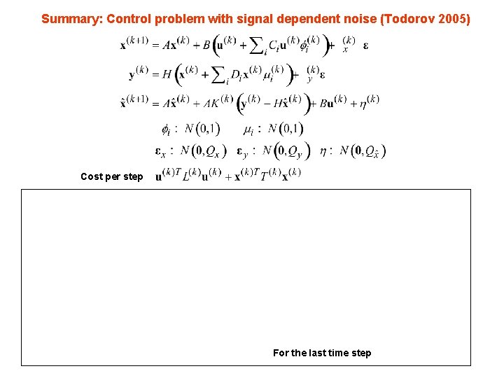 Summary: Control problem with signal dependent noise (Todorov 2005) Cost per step For the