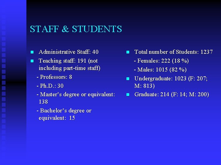 STAFF & STUDENTS n n Administrative Staff: 40 Teaching staff: 191 (not including part-time