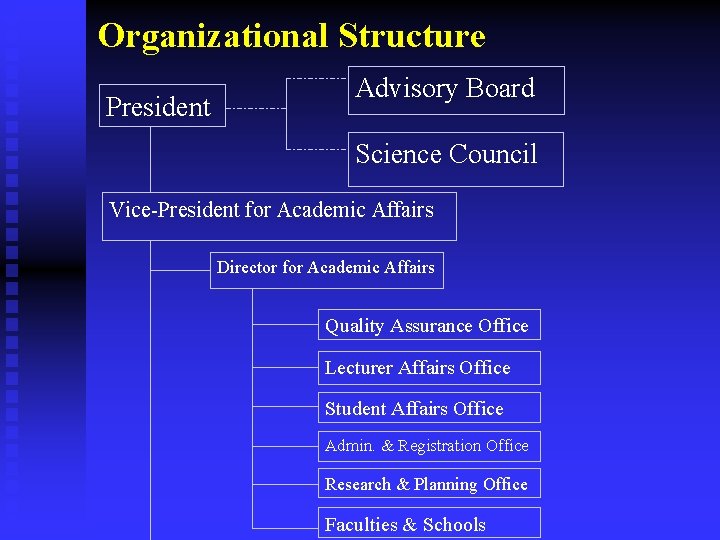 Organizational Structure President Advisory Board Science Council Vice-President for Academic Affairs Director for Academic