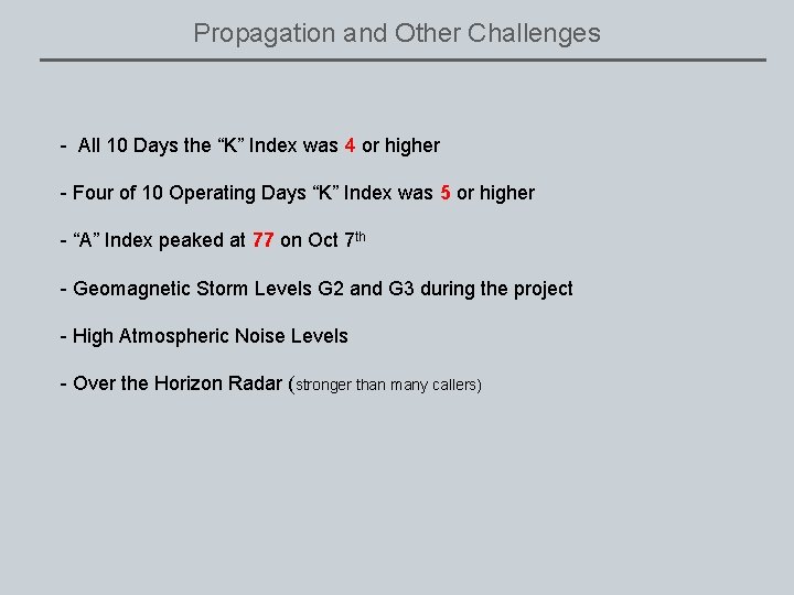 Propagation and Other Challenges - All 10 Days the “K” Index was 4 or