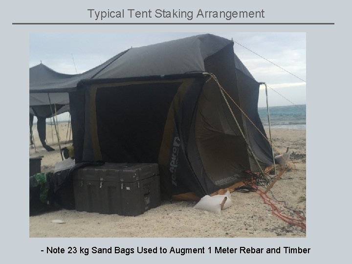 Typical Tent Staking Arrangement - Note 23 kg Sand Bags Used to Augment 1