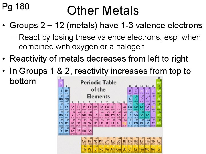Pg 180 Other Metals • Groups 2 – 12 (metals) have 1 -3 valence