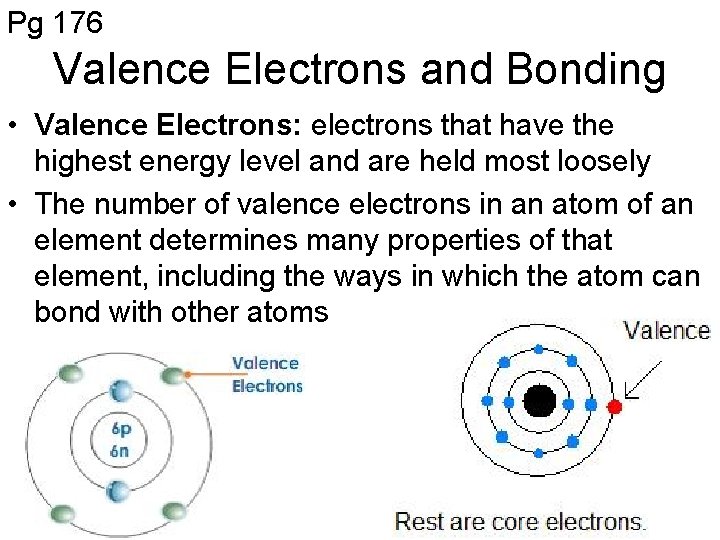Pg 176 Valence Electrons and Bonding • Valence Electrons: electrons that have the highest