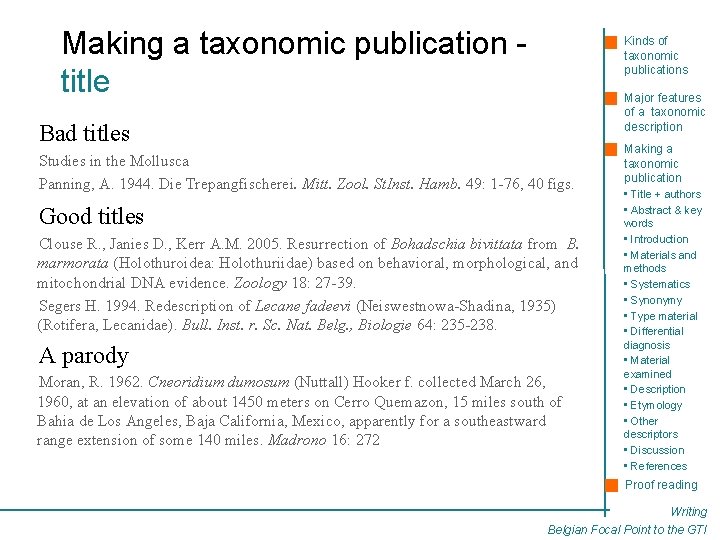 Making a taxonomic publication title Kinds of taxonomic publications Major features of a taxonomic