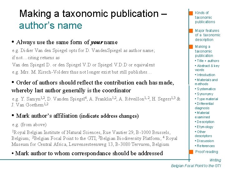 Making a taxonomic publication – author’s name Kinds of taxonomic publications Major features of