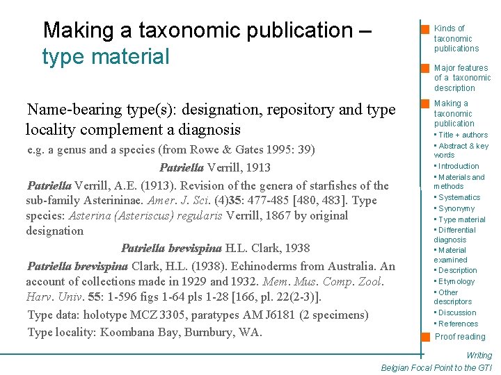 Making a taxonomic publication – type material Kinds of taxonomic publications Major features of