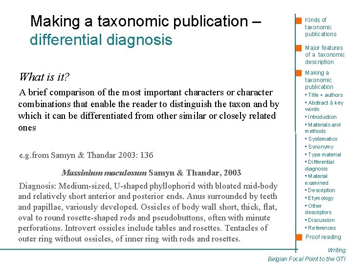Making a taxonomic publication – differential diagnosis Kinds of taxonomic publications Major features of