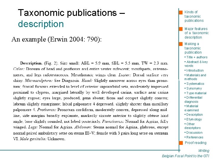 Taxonomic publications – description An example (Erwin 2004: 790): Kinds of taxonomic publications Major