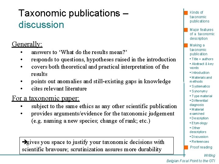 Taxonomic publications – discussion Kinds of taxonomic publications Major features of a taxonomic description