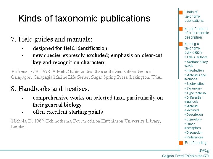 Kinds of taxonomic publications Major features of a taxonomic description 7. Field guides and