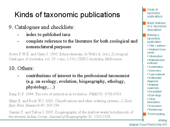 Kinds of taxonomic publications Major features of a taxonomic description 9. Catalogues and checklists: