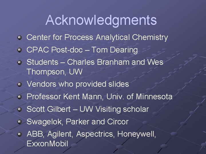 Acknowledgments Center for Process Analytical Chemistry CPAC Post-doc – Tom Dearing Students – Charles