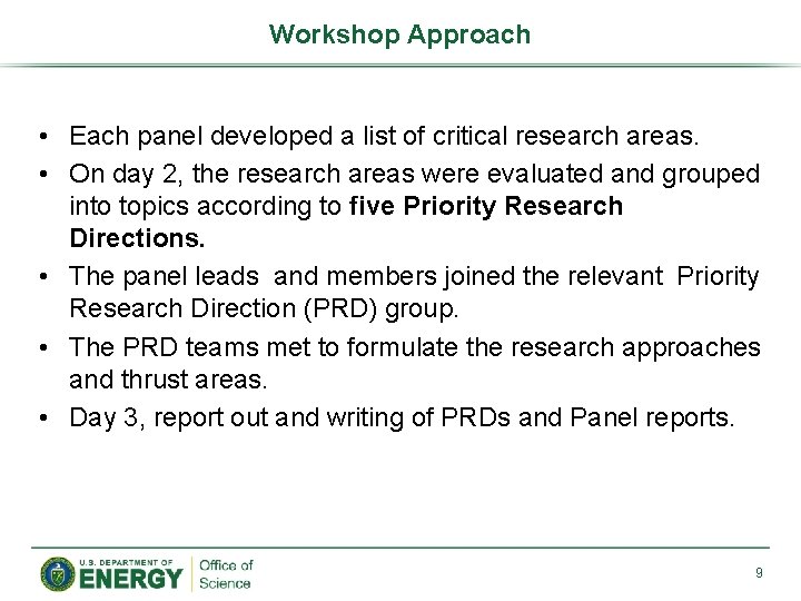 Workshop Approach • Each panel developed a list of critical research areas. • On