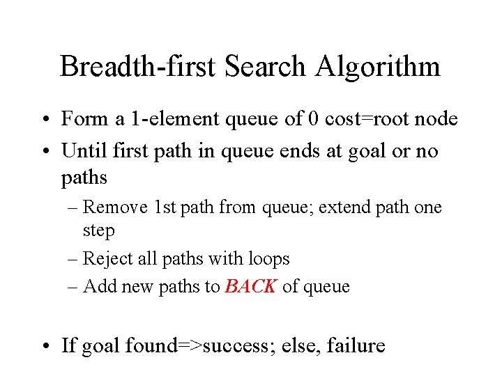 Breadth-first Search Algorithm • Form a 1 -element queue of 0 cost=root node •