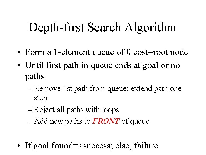 Depth-first Search Algorithm • Form a 1 -element queue of 0 cost=root node •