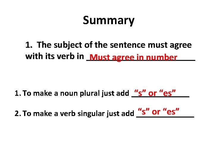 Summary 1. The subject of the sentence must agree with its verb in ____________