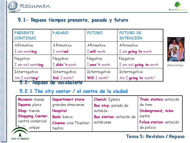 5. 1 - Repaso tiempos presente, pasado y futuro PRESENTE CONTINUO PASADO FUTURO DE