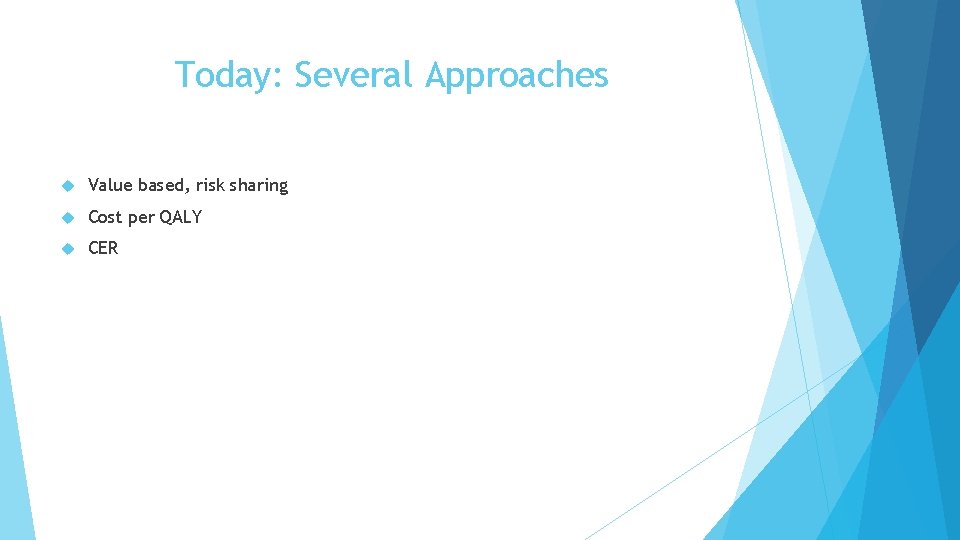 Today: Several Approaches Value based, risk sharing Cost per QALY CER 