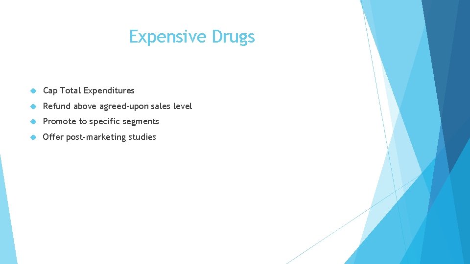 Expensive Drugs Cap Total Expenditures Refund above agreed-upon sales level Promote to specific segments