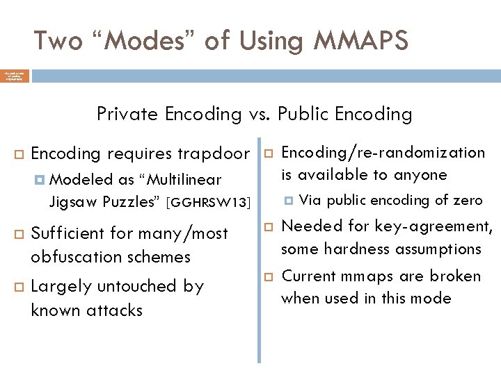 Two “Modes” of Using MMAPS The Mathematics of Modern Cryptography Private Encoding vs. Public