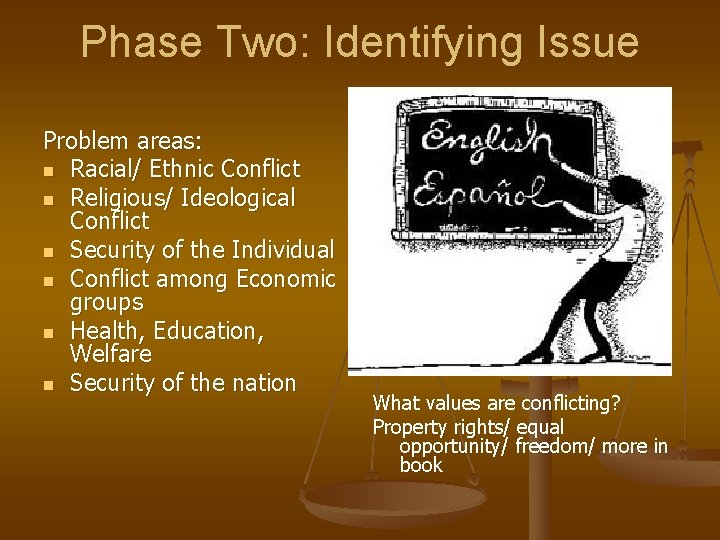 Phase Two: Identifying Issue Problem areas: n Racial/ Ethnic Conflict n Religious/ Ideological Conflict