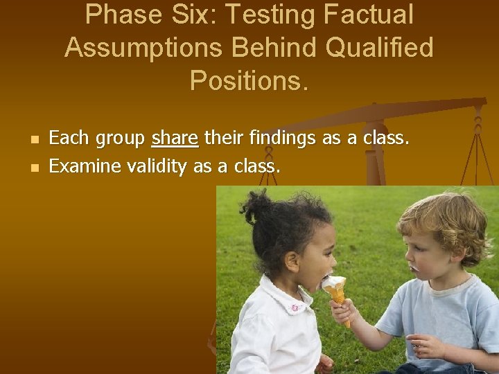 Phase Six: Testing Factual Assumptions Behind Qualified Positions. n n Each group share their