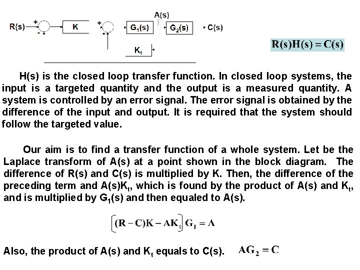 H(s) is the closed loop transfer function. In closed loop systems, the input is H(s) is the closed loop transfer function. In closed loop systems, the input is