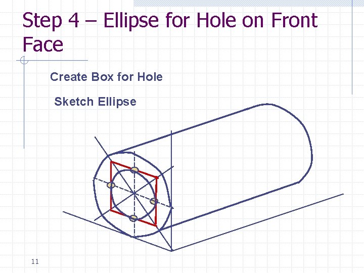 Step 4 – Ellipse for Hole on Front Face Create Box for Hole Sketch