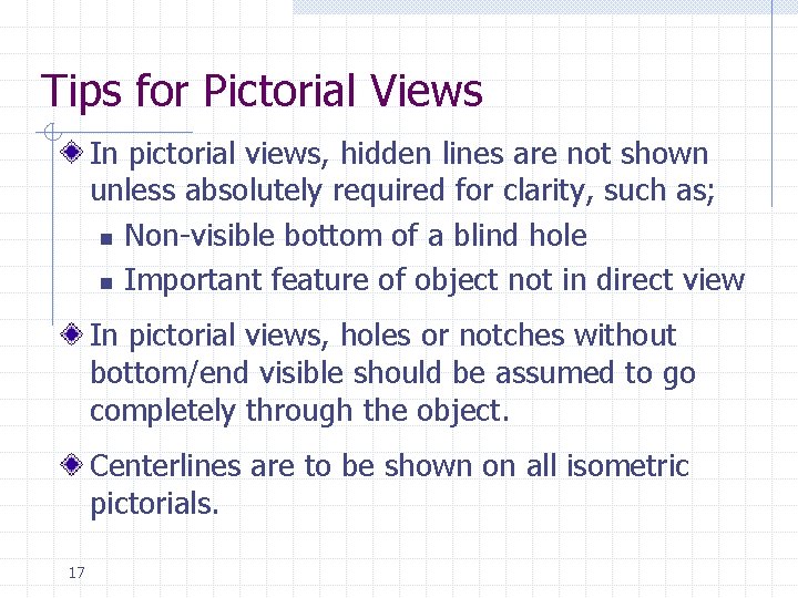 Tips for Pictorial Views In pictorial views, hidden lines are not shown unless absolutely