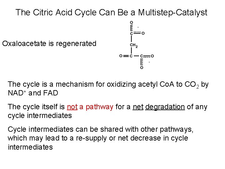 The Citric Acid Cycle Can Be a Multistep-Catalyst Oxaloacetate is regenerated The cycle is